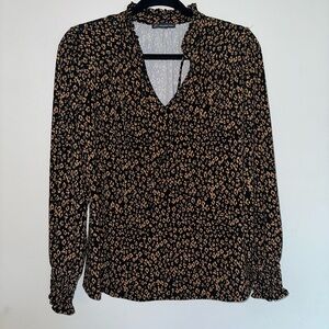Adrianna Papell Black and Tan Cheetah Animal Print Long Sleeve Blouse size L